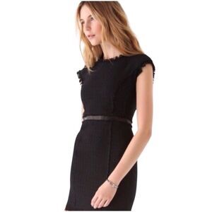 Rebecca Taylor Shift Dress Sz 8 Black Tweed Frayed Mini Cap Sleeve Leather Trim